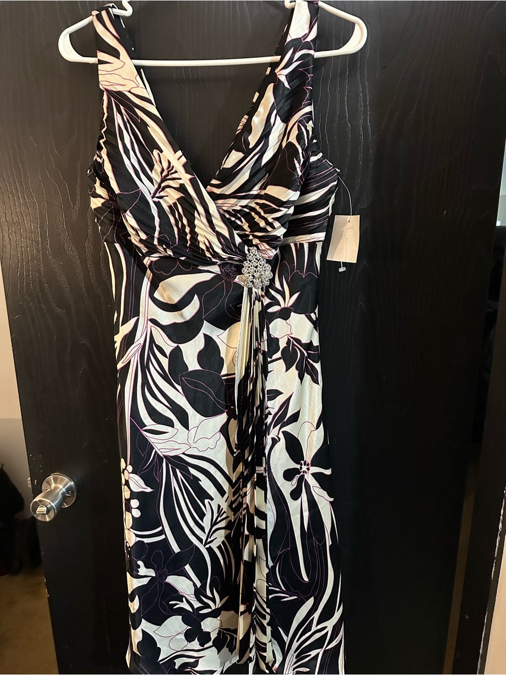 Alex Evenings Black and Cream Floral Wrap Maxi with Rhinestone Brooch